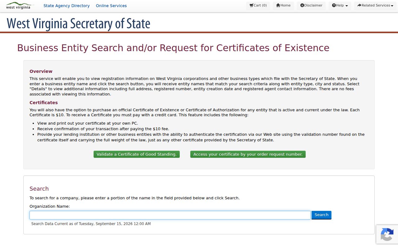 West Virginia business entity search with an organization-name search field