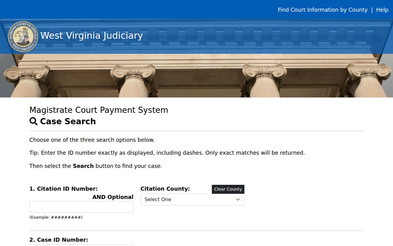 West Virginia magistrate search screen with citation, case and payment ID fields