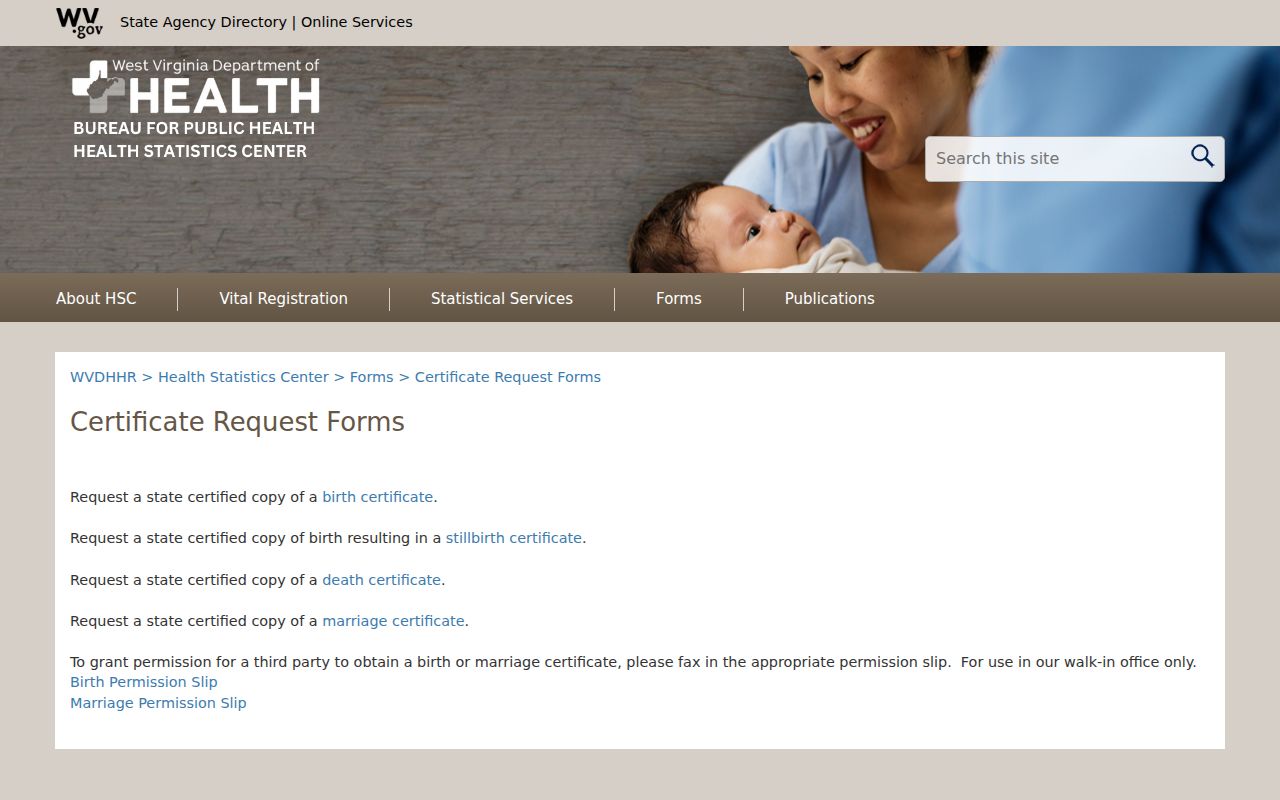 West Virginia official vital-record certificate forms and permission documents