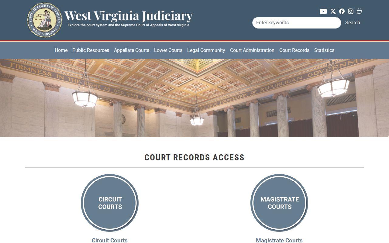 West Virginia Judiciary court record access page with circuit and magistrate search routes