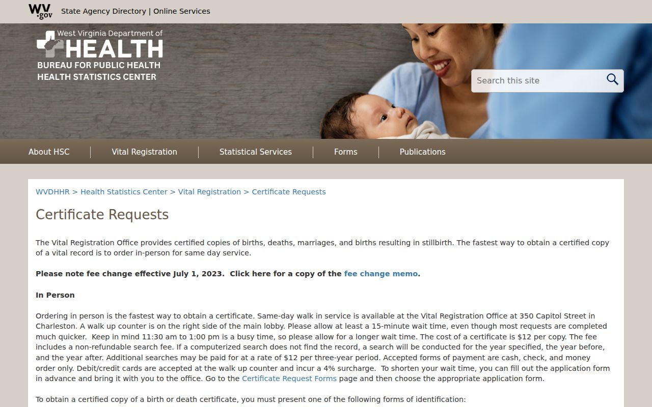 West Virginia Vital Registration page with certificate request methods, fee and identification requirements