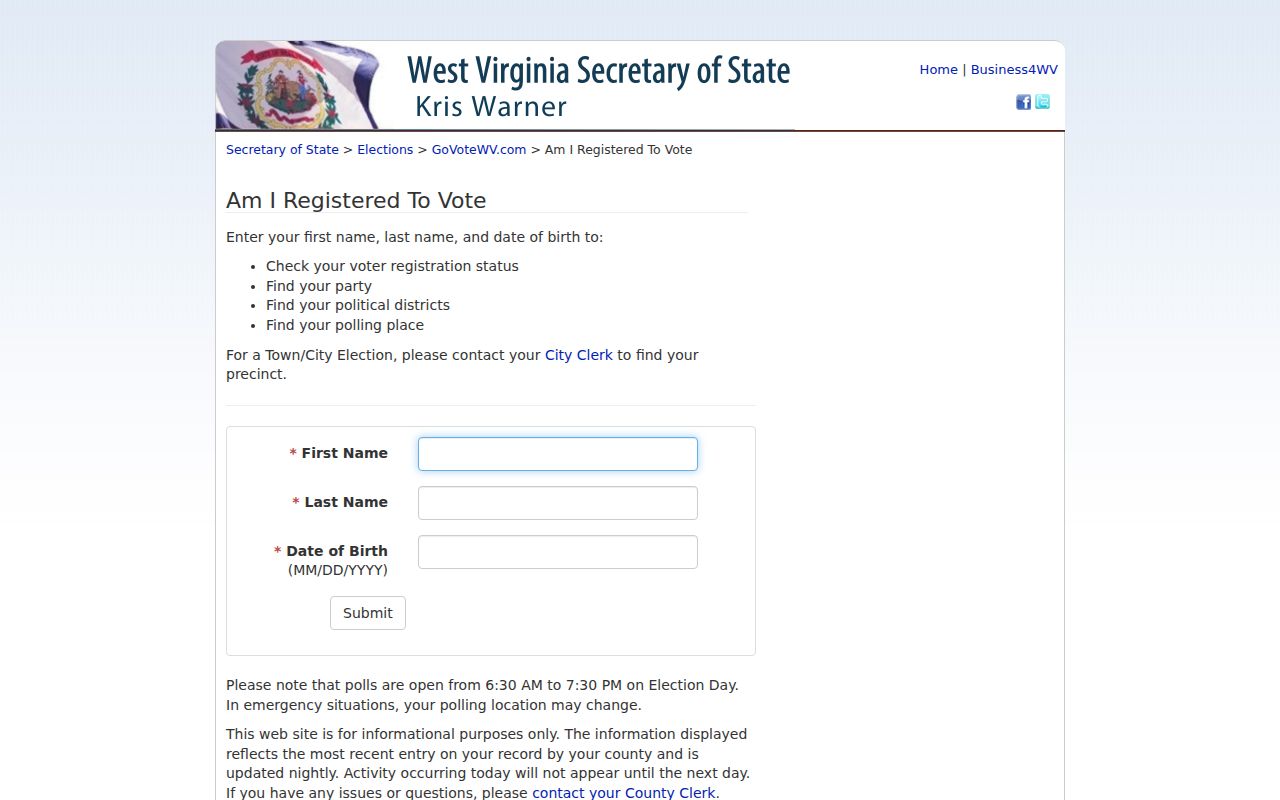 West Virginia voter lookup screen with first name, last name and date of birth fields