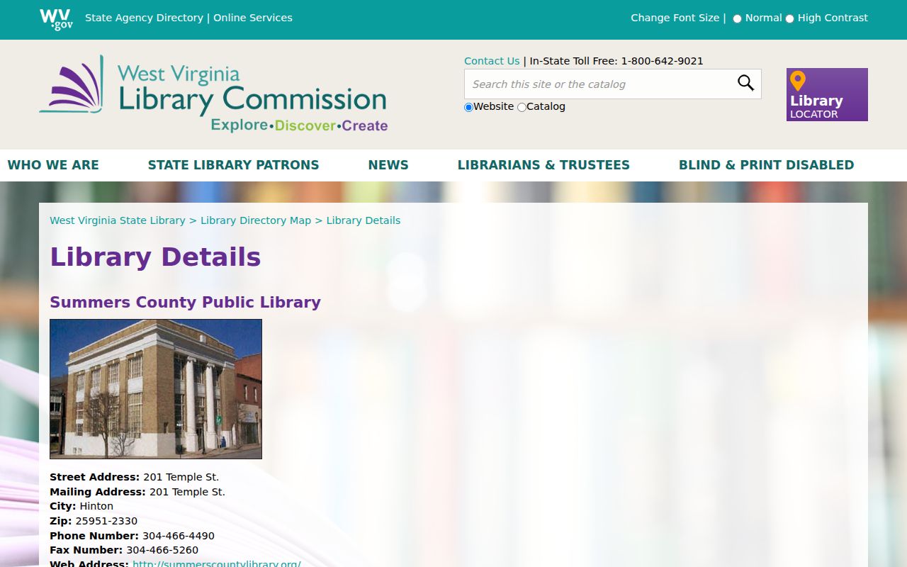 State Library Commission listing the Summers County Public Library address and history