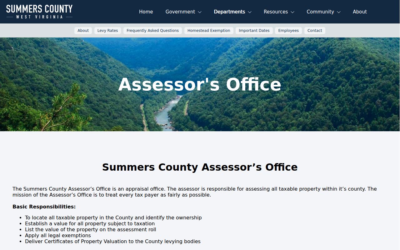 Summers County Assessor page showing important dates, appeal information and homestead exemption details