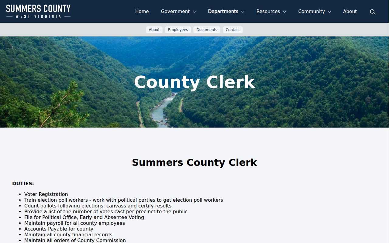 Summers County Clerk page with land-record categories, contact details and online index instructions