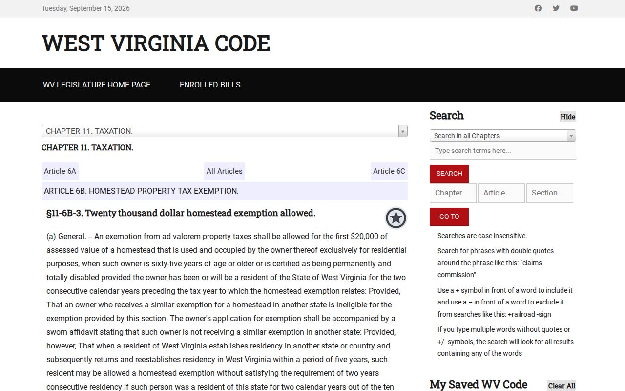 West Virginia homestead exemption statute for the first $20,000 of assessed value