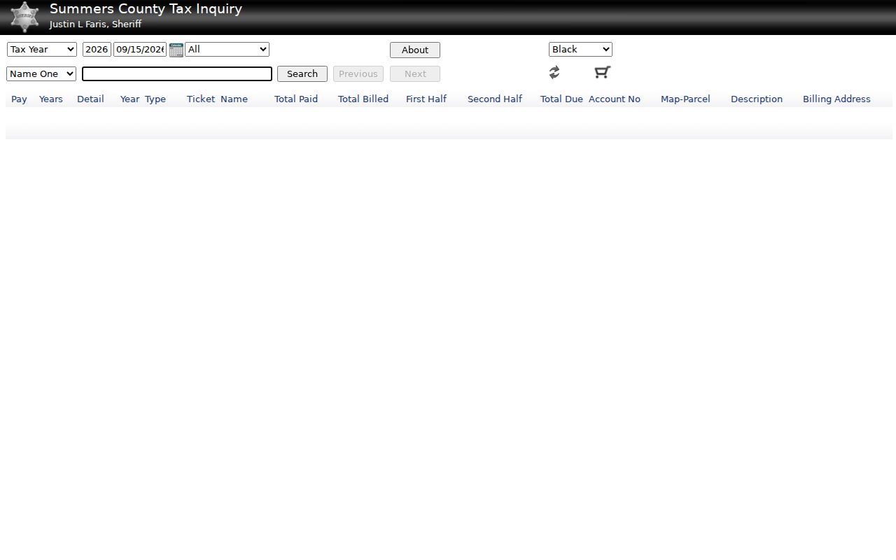 Summers County Sheriff tax inquiry fields for account, map-parcel, description and billing address