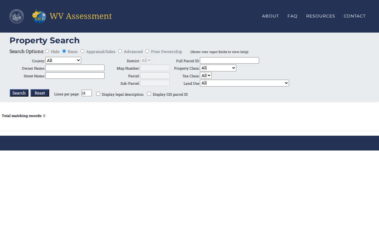 WV Property Search screen with county, owner, street, parcel, appraisal and sale search fields